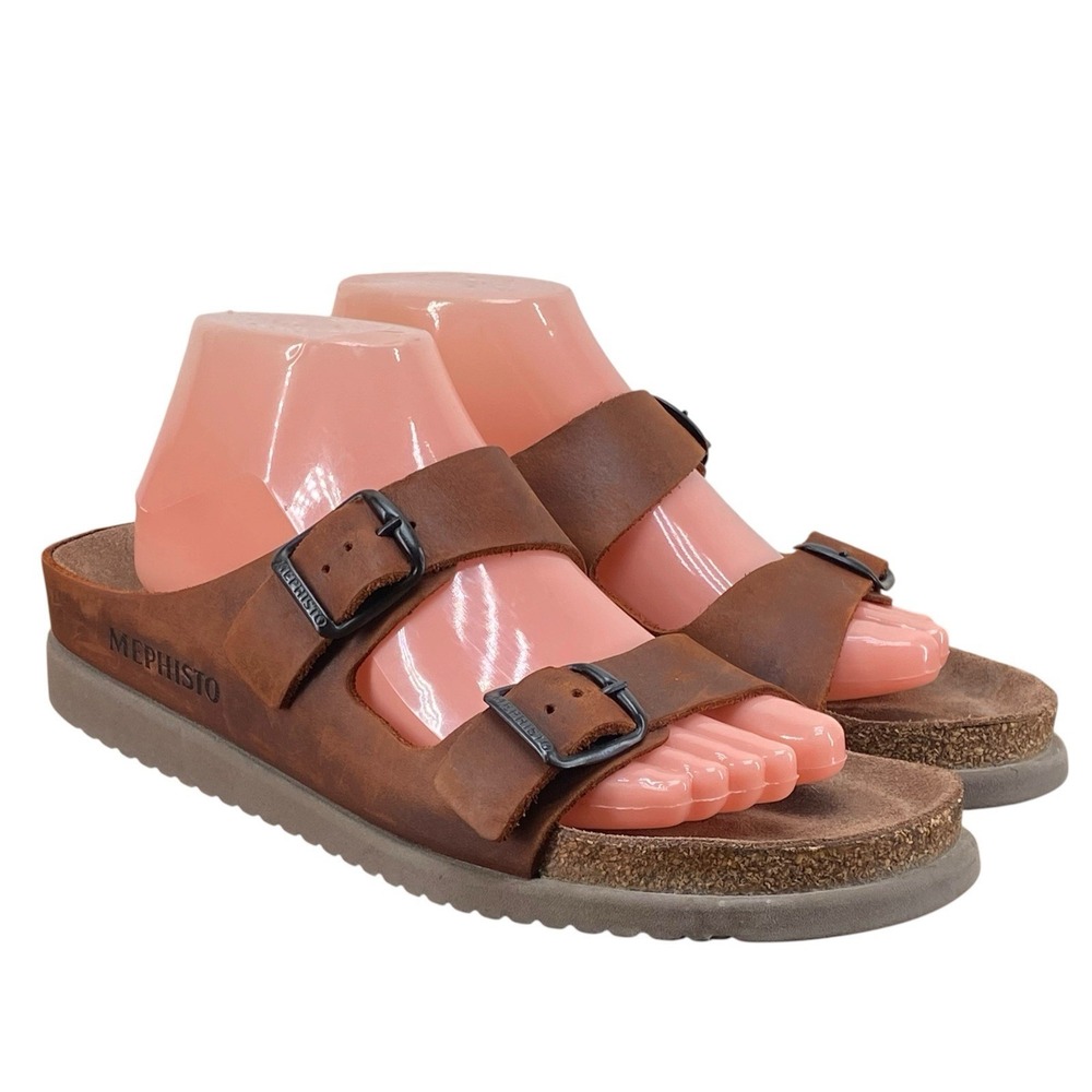 Mephisto Helen Brown Leather Double Strap Slide Sandals Women's Size EU 41 US 11